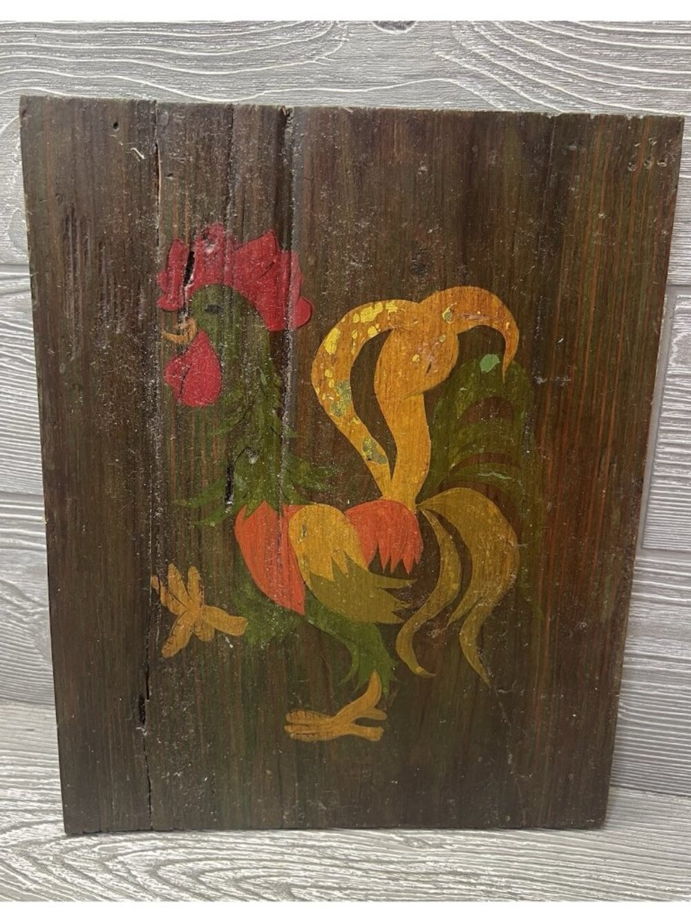 Vintage Hand Painted Rooster Wood Plaque Wall Decor Rustic Folk Art Farmhouse